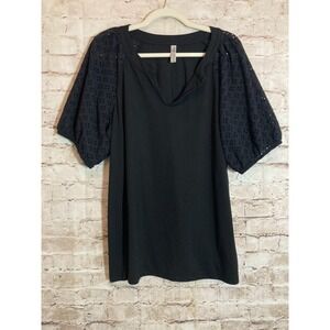 PerSeption Top Womens 1X Black Eyelet Embroidered Puff Sleeve Stretch Plus